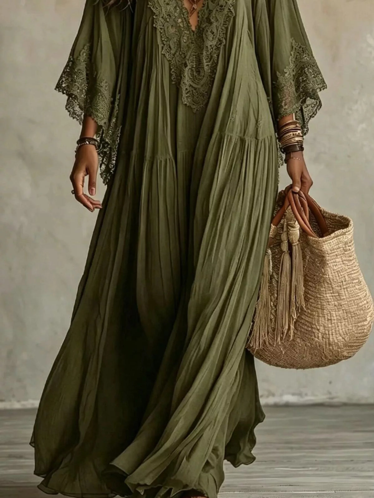 Lace Trim V-Neck Maxi Dress - Army Green - View 3