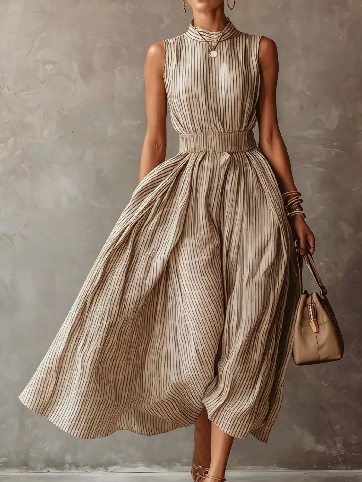Striped Mock Neck Sleeveless Maxi Dress - Khaki - View 1