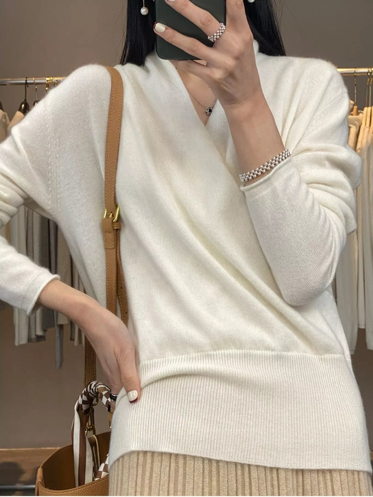 Wrap-Front Long Sleeve Sweater - White - View 9