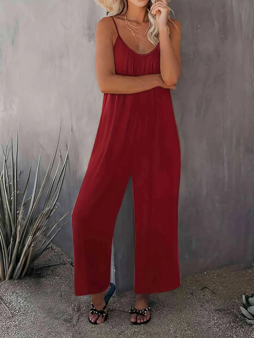 Scoop Neck Spaghetti Strap Jumpsuit - Burgundy - View 2
