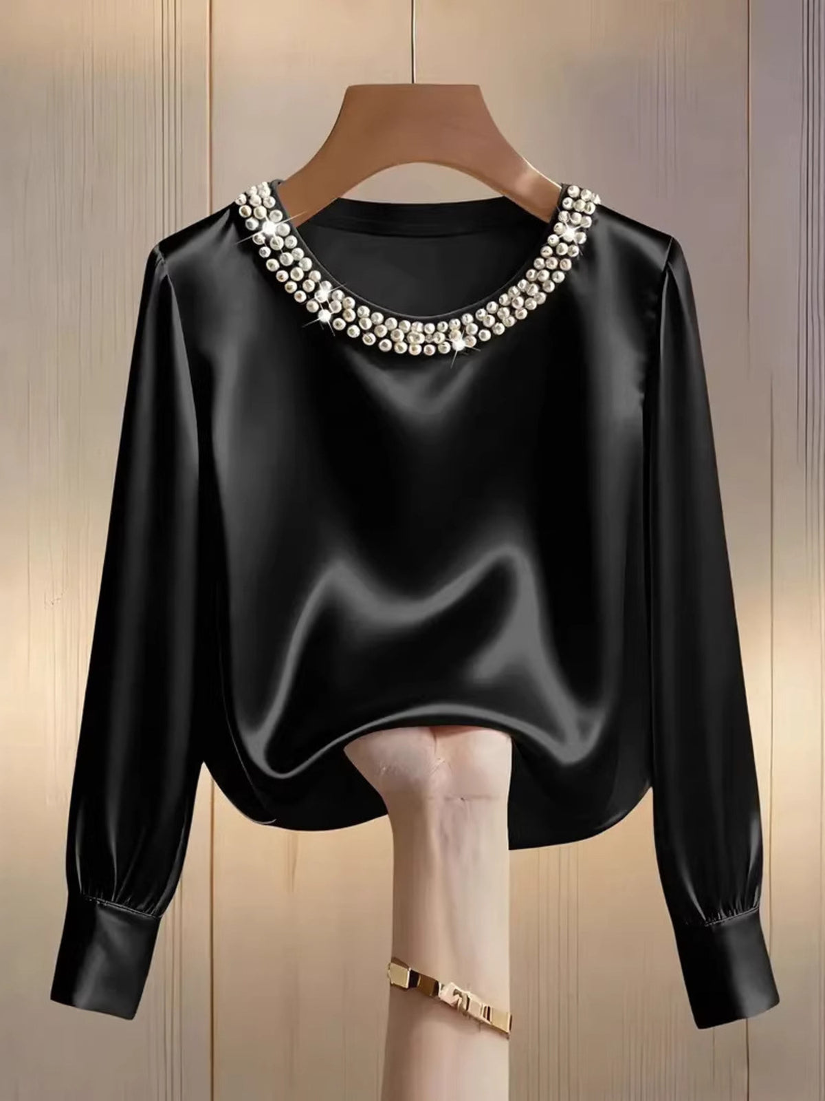 Pearl Trim Round Neck Satin Blouse - Black - View 2