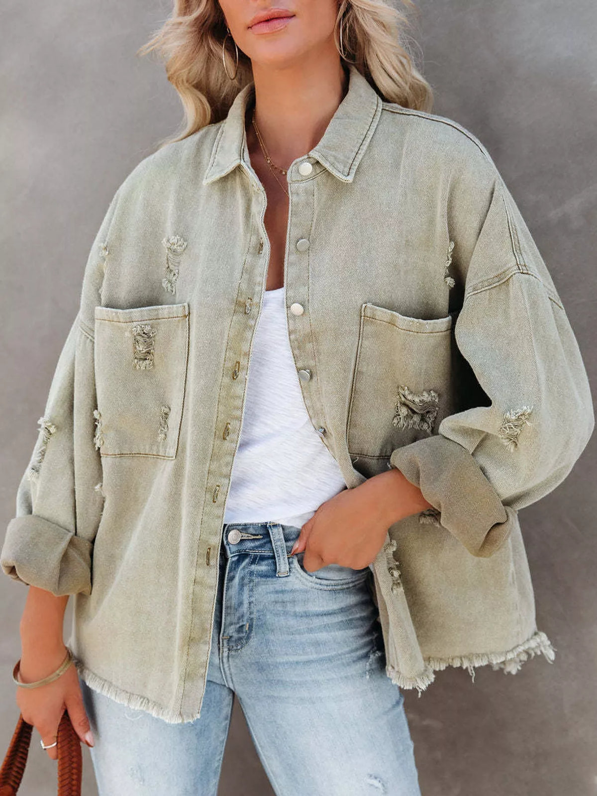 Distressed Raw Hem Denim Jacket - Matcha Green - View 1