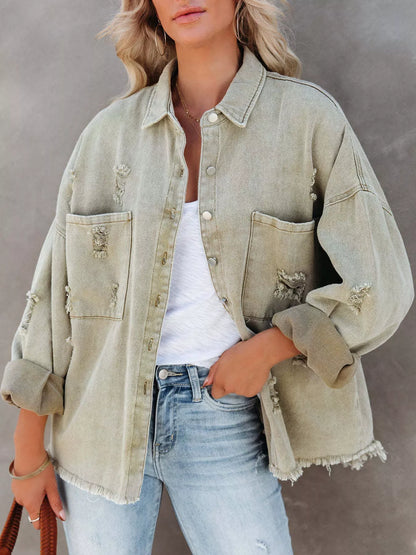 Distressed Raw Hem Denim Jacket - Matcha Green - View 1