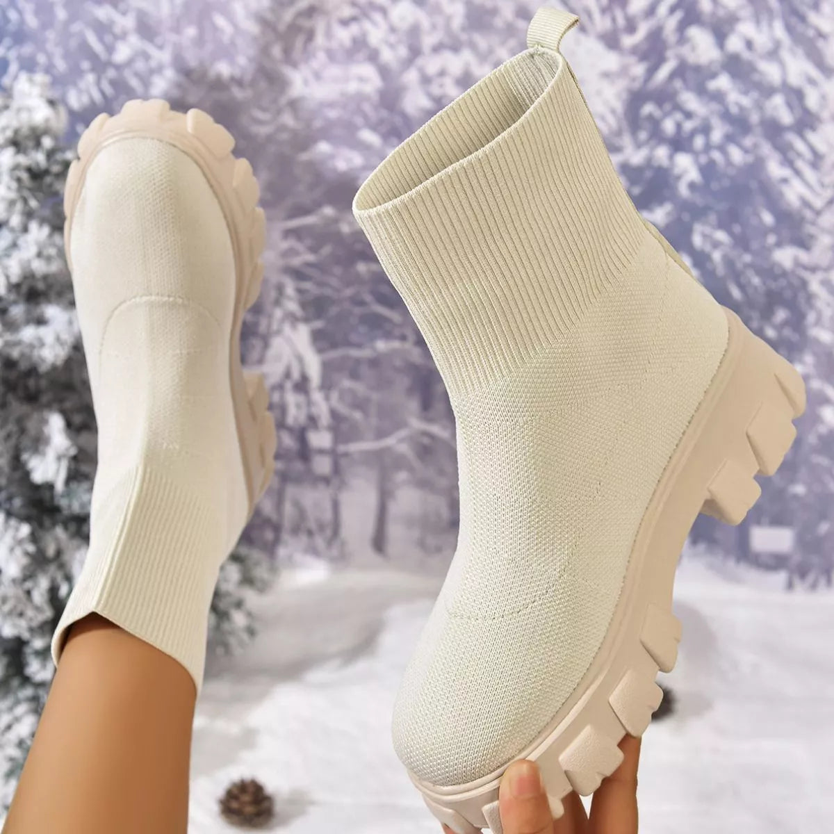 Round Toe Block Heels Boots - Beige - View 17