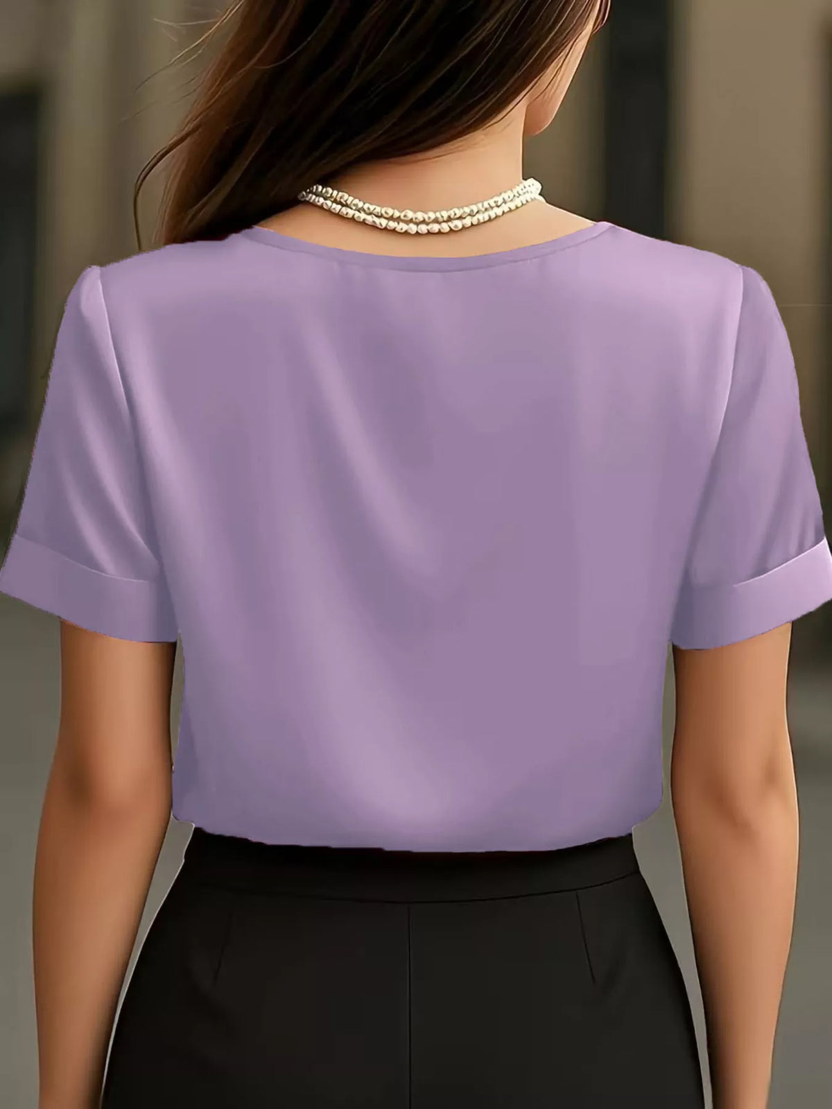 V-Neck Short Sleeve Satin Blouse - Light Purple - View 14