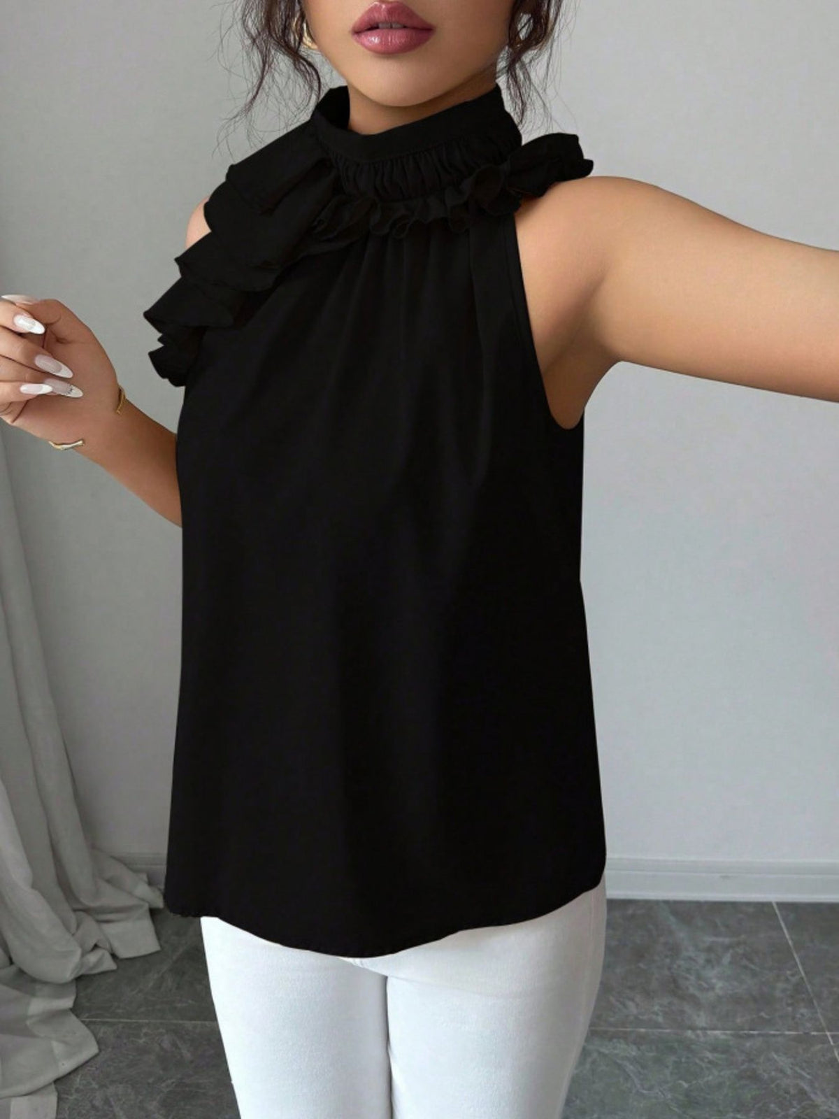 Ruffle High Neck Sleeveless Top - Black - View 22