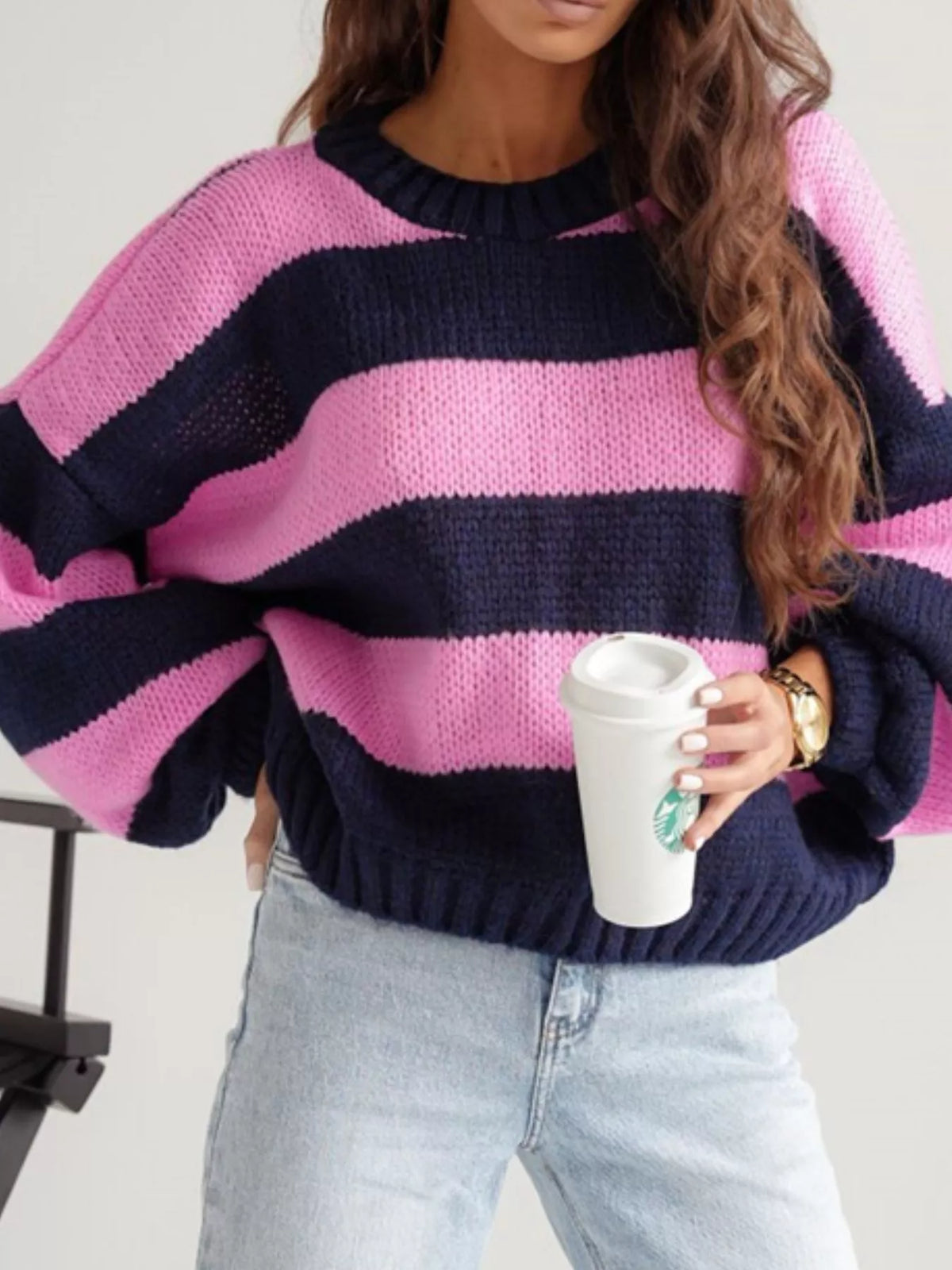 Striped Dropped Shoulder Sweater - Coffee Powder - View 1