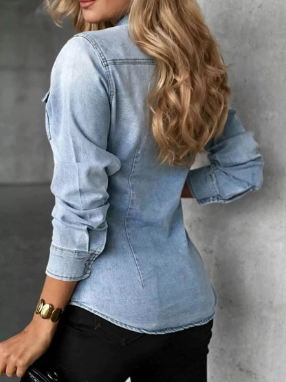 Snap Down Slim-Fit Denim Shirt - Light Blue - View 3