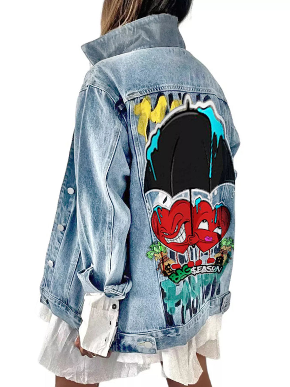 Full Size Heart and Umbrella Graphic Denim Jacket Plus Size - Light Blue - View 2