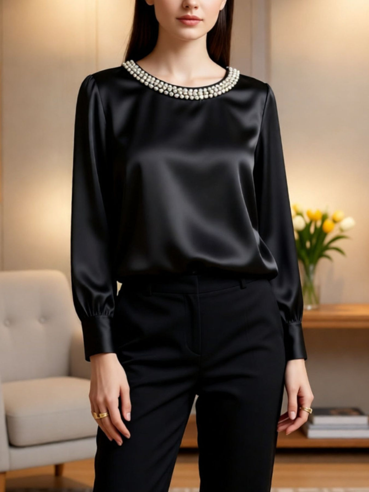 Pearl Trim Round Neck Satin Blouse - Black - View 1