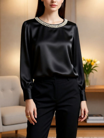 Pearl Trim Round Neck Satin Blouse - Black - View 1