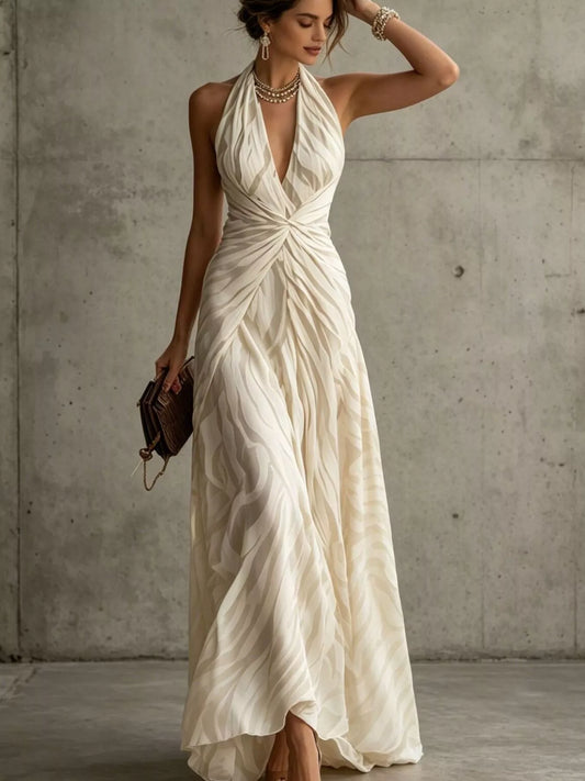 Halter Neck Ruched Maxi Dress - Beige - View 1