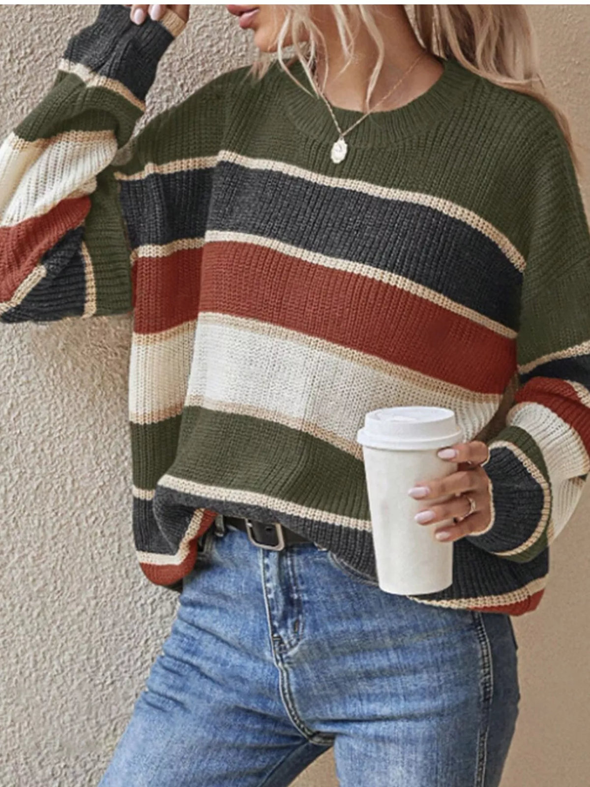 Color Block Striped Crew Neck Sweater - Dark Green - View 1