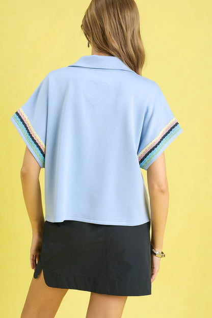 Umgee Contrast Trim Half Zip Collared Blouse - ICE BLUE - View 2