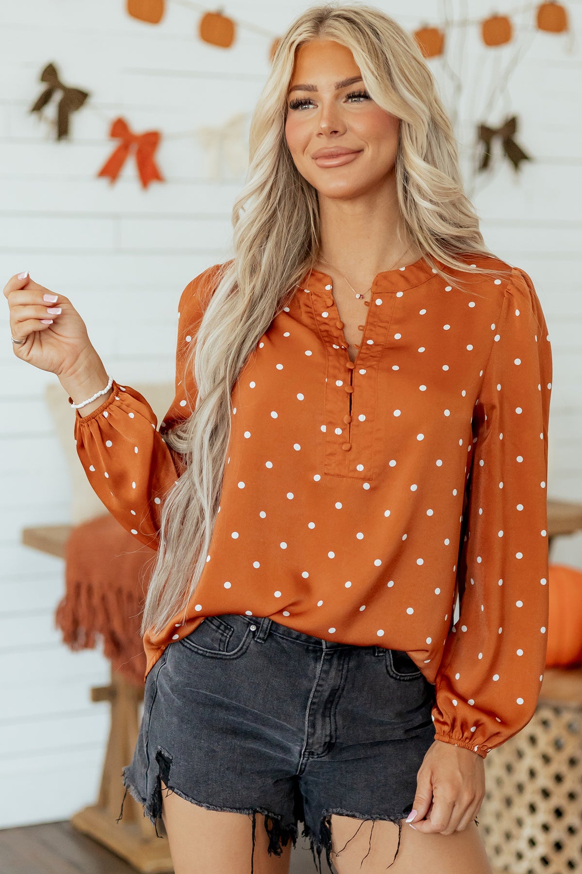 Brown Polka Dot Half Button V Neck Long Sleeve Blouse - product photo 8