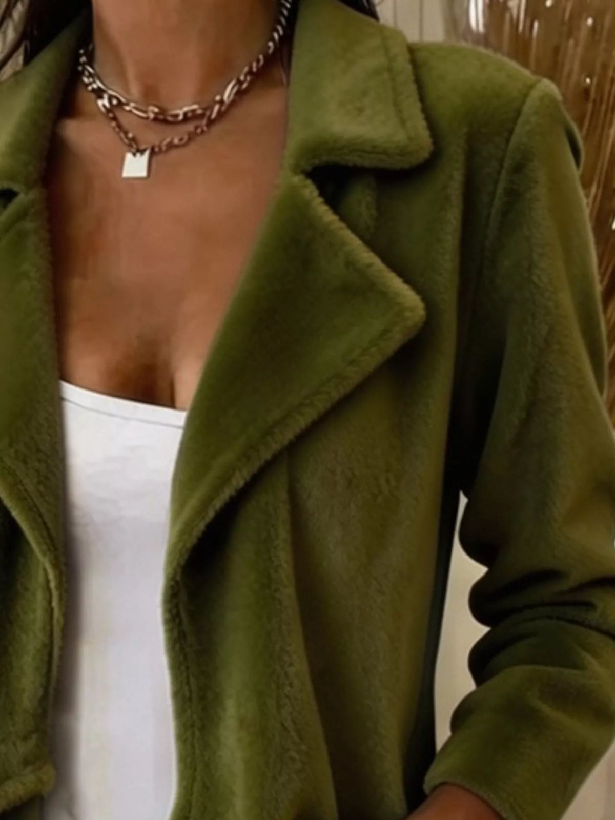 Full Size Fleece Waterfall Collar Outerwear Plus Size - Green - View 4