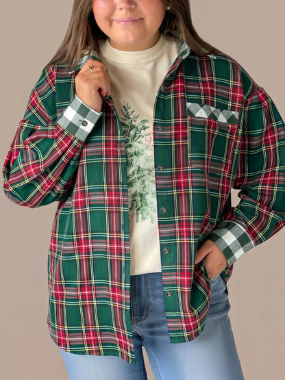 Plus Size Plaid Long Sleeve Shift Shirt - Dark Green - View 1