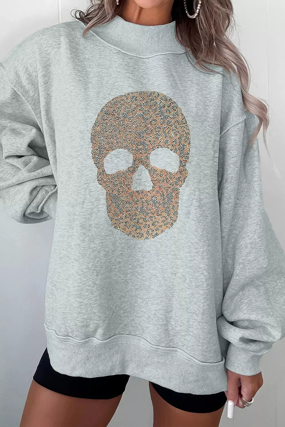 Halloween Rhinestone Skull Graphic Mock Neck Baggy Pullover Sweatshirt - Gray - View 1