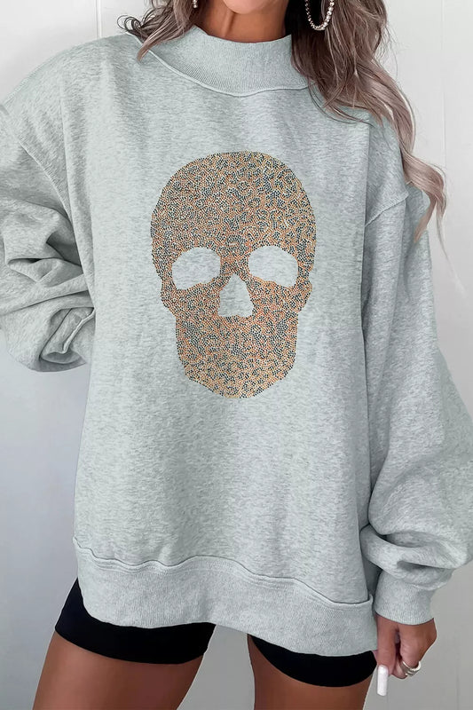Halloween Rhinestone Skull Graphic Mock Neck Baggy Pullover Sweatshirt - Gray - View 1