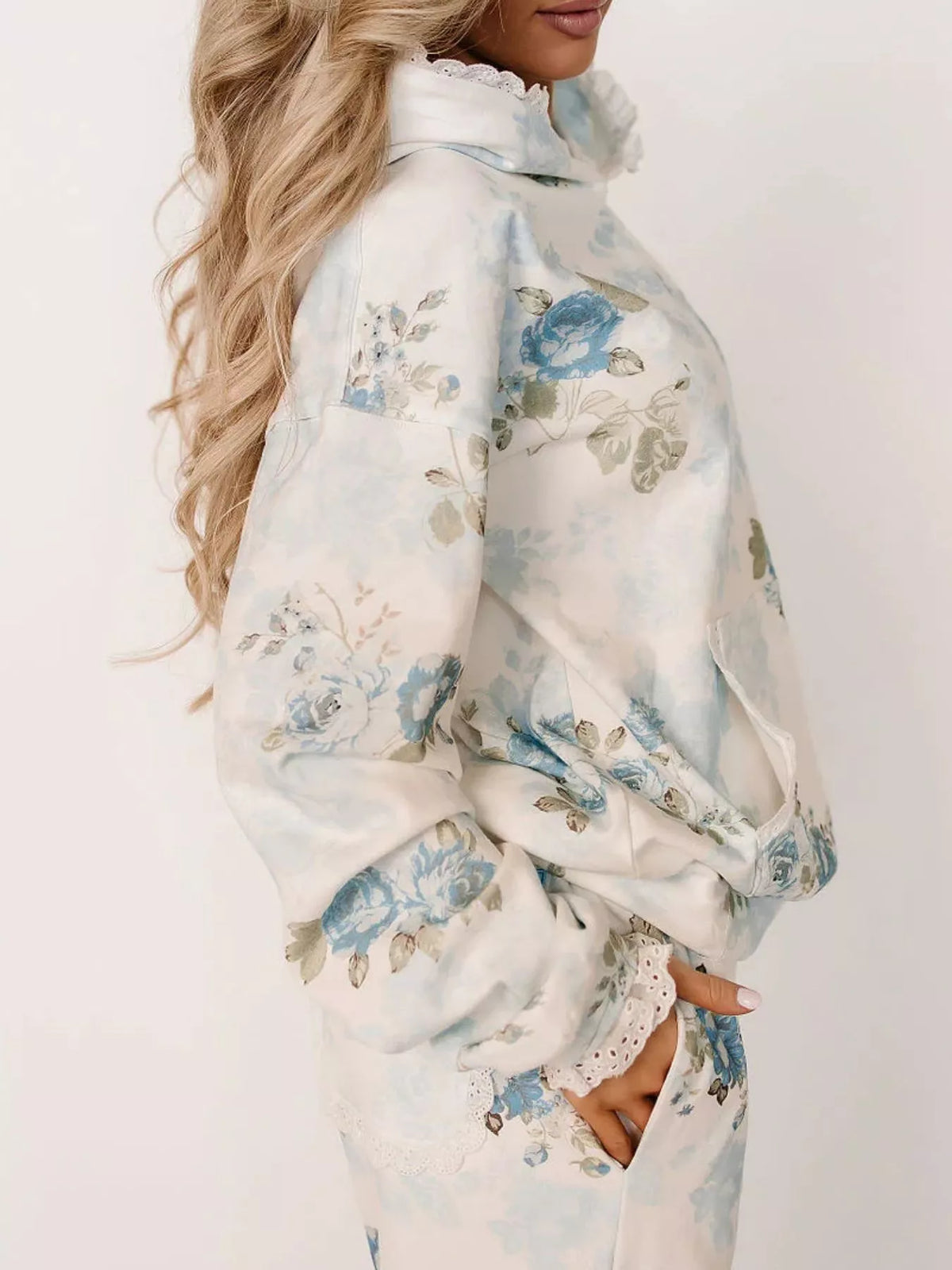 Lace Trim Kangaroo Pocket Hoodie - White - View 2