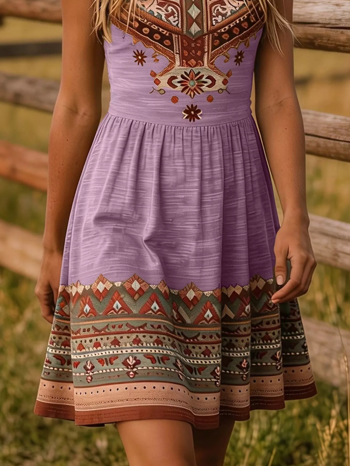 Tribal Print Sleeveless A-Line Summer Dress - Violet - View 15