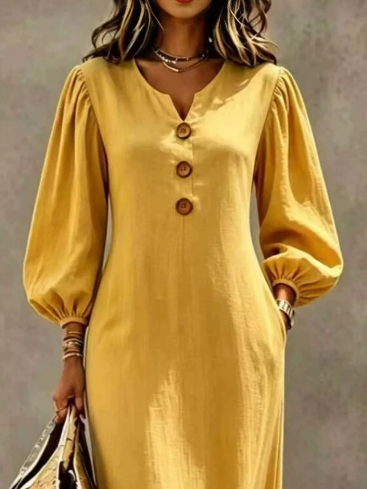 Decorative Button Balloon Sleeve Maxi Dress - Mustard - View 2