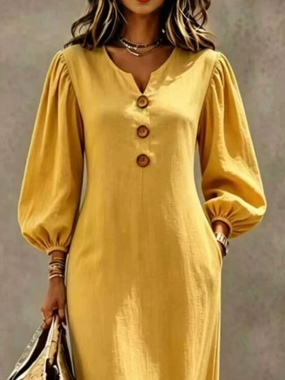 Decorative Button Balloon Sleeve Maxi Dress - Mustard - View 2