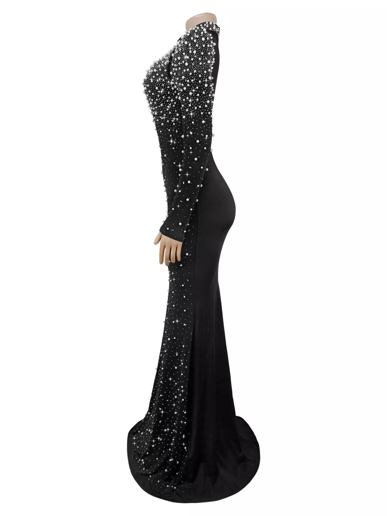 Rhinestone Long Sleeve Mermaid Maxi Dress - Black - Side Mannequin View