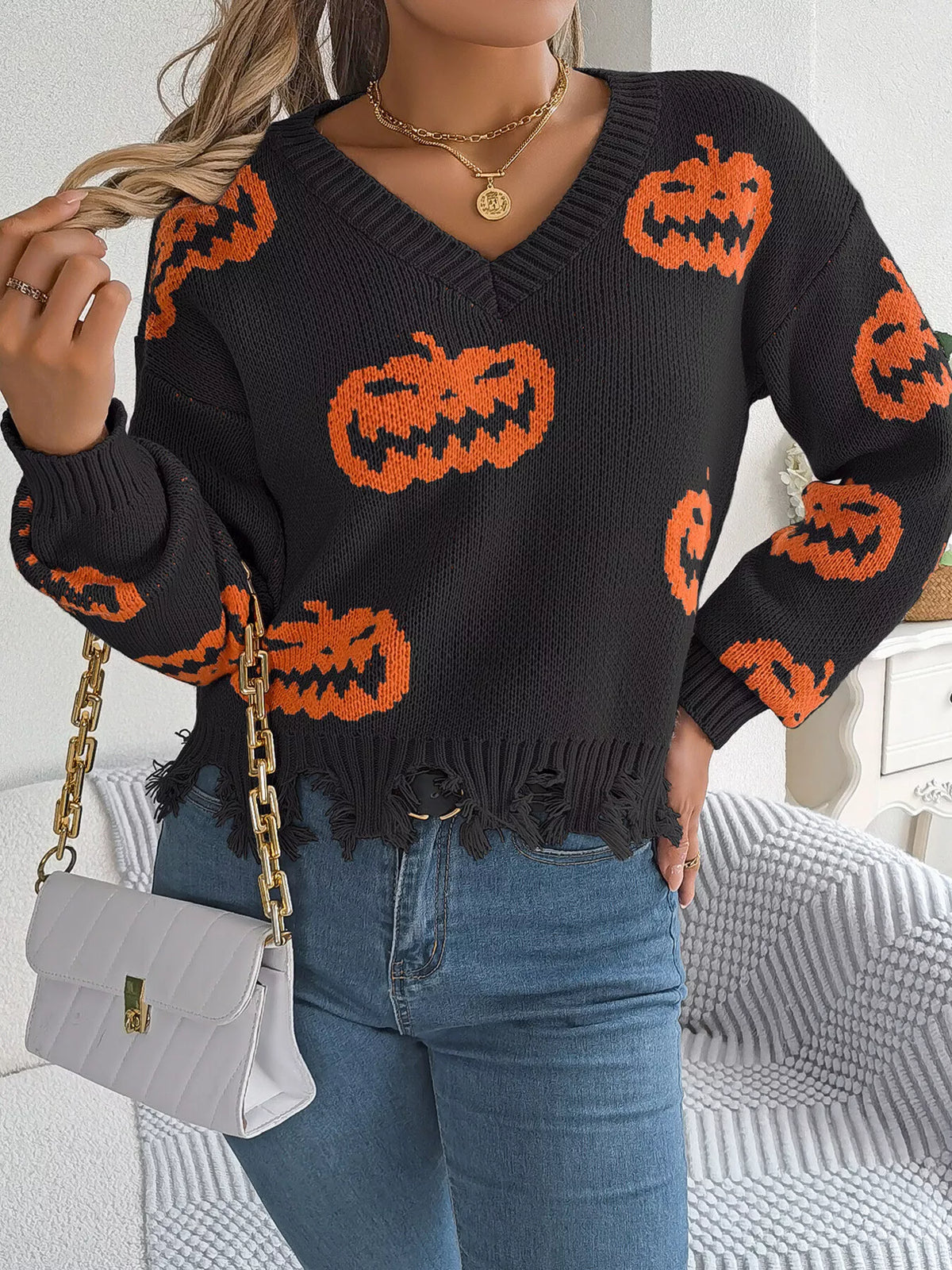 Pumpkin Distressed Hem Sweater - Black - View 2