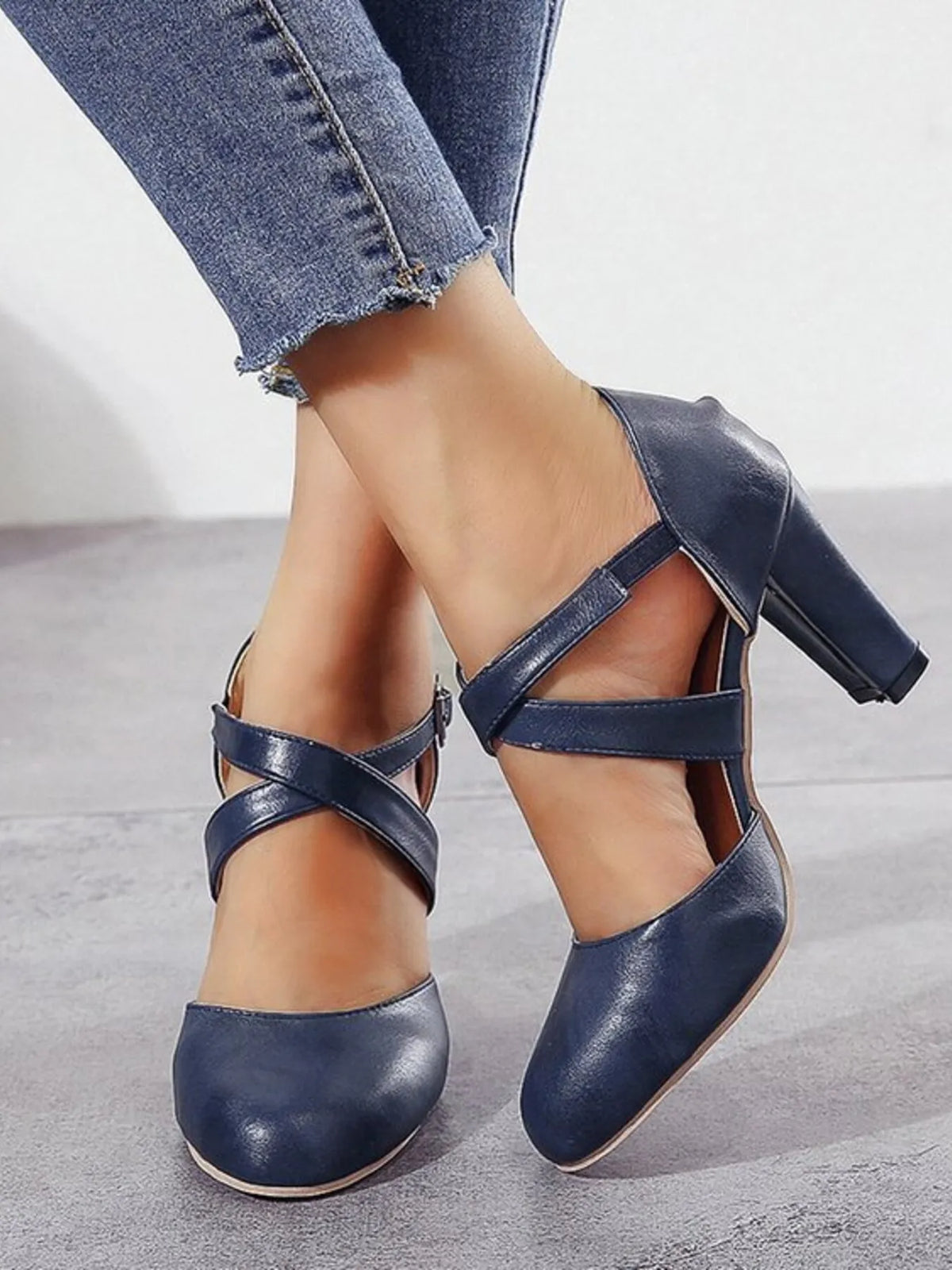Cross-Strap Block Heel Pumps - Blue - View 5