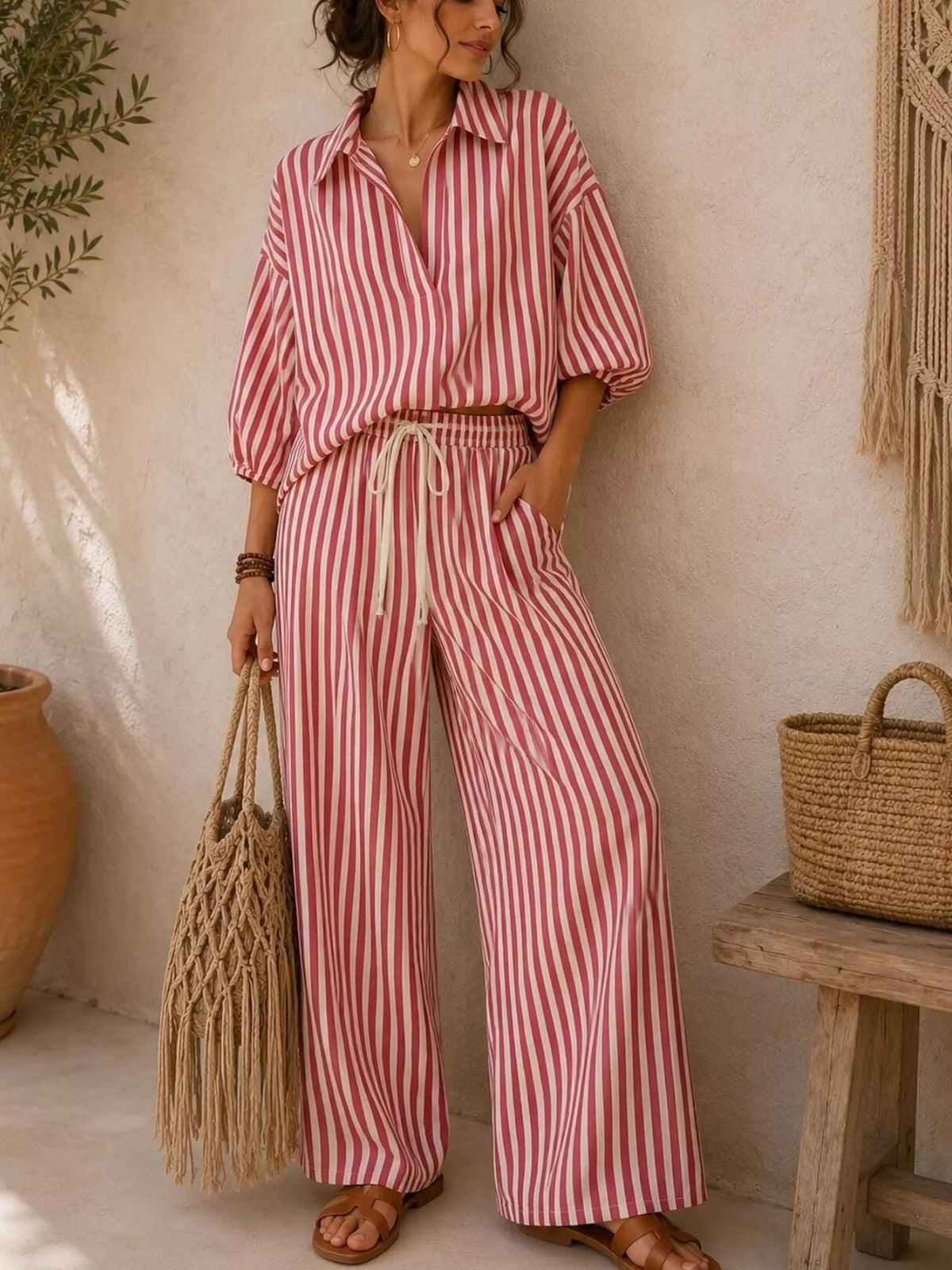 Full Size Striped Relaxed Fit Shirt and Wide-Leg Pants Set Plus Size - All Colors - View 1