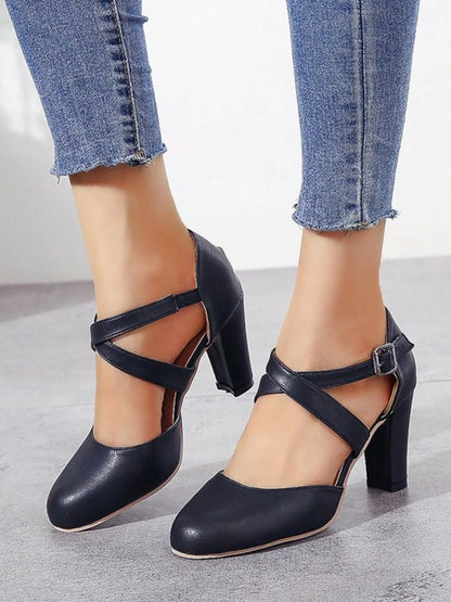 Cross-Strap Block Heel Pumps - Black - View 3