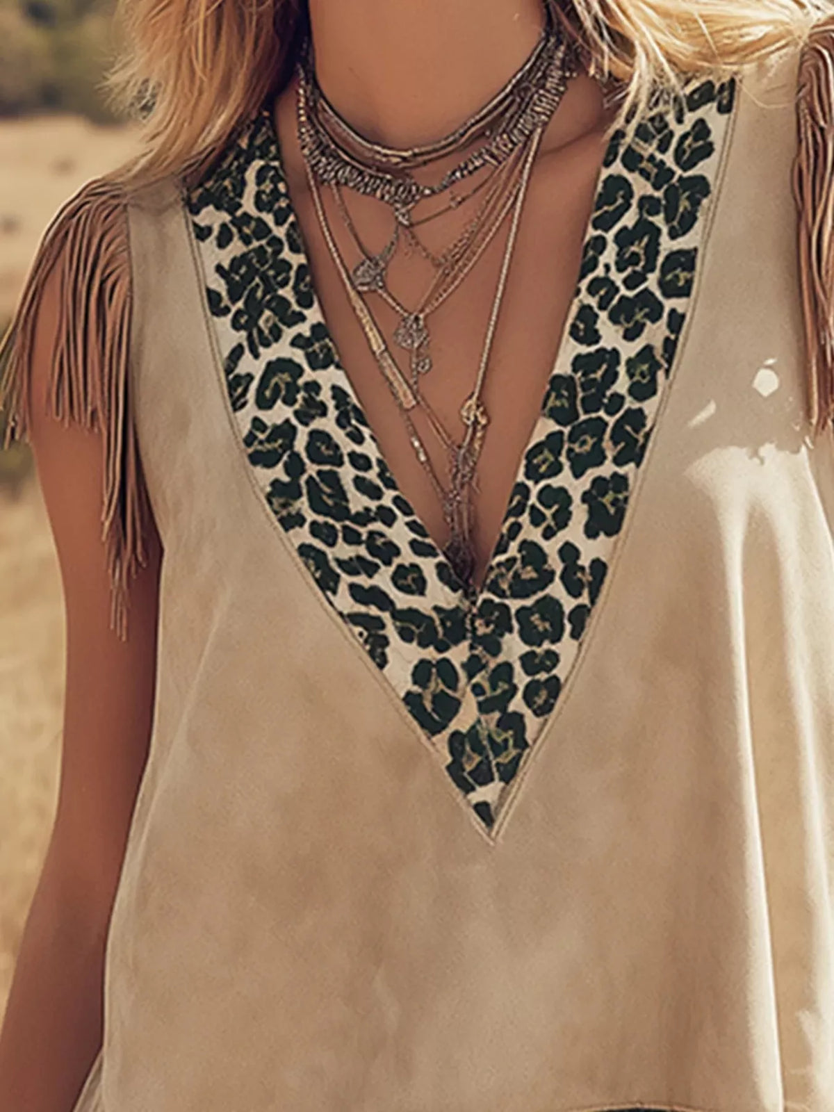 Fringed Leopard V-Neck Tank - Tan - View 4