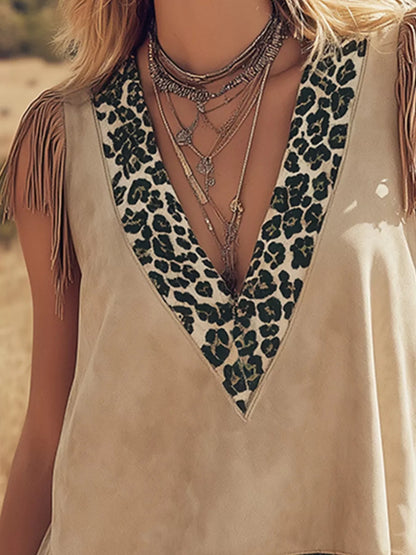 Fringed Leopard V-Neck Tank - Tan - View 4