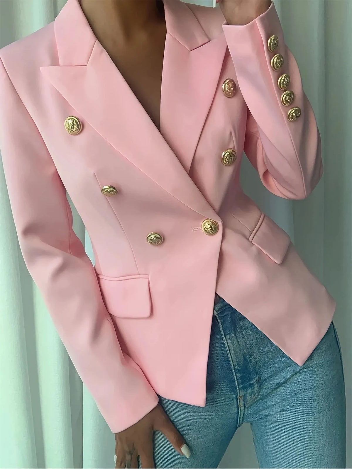 Decor Button Lapel Collar Blazer - Pink - View 12
