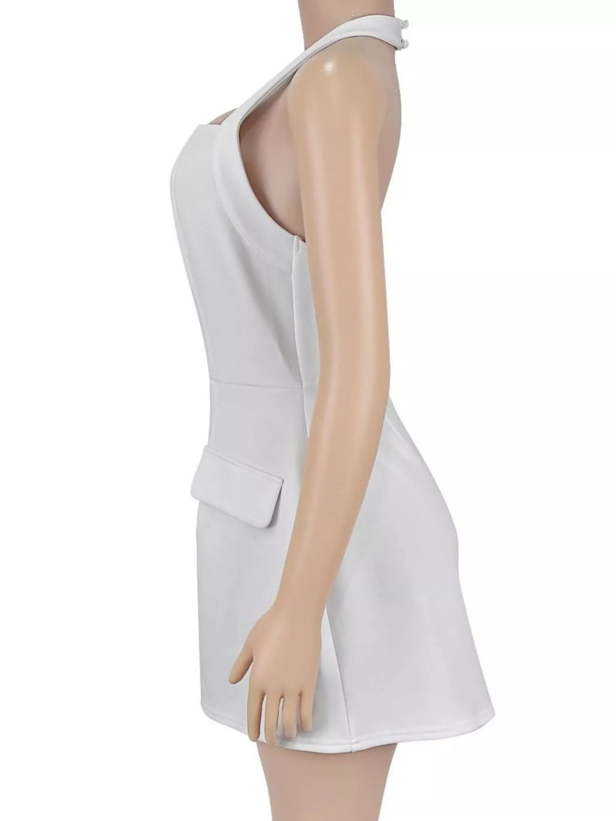 Halter Neck Mini Dress with Flap Pocket Detail - White - View 4