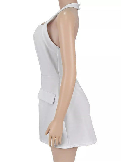 Halter Neck Mini Dress with Flap Pocket Detail - White - View 4