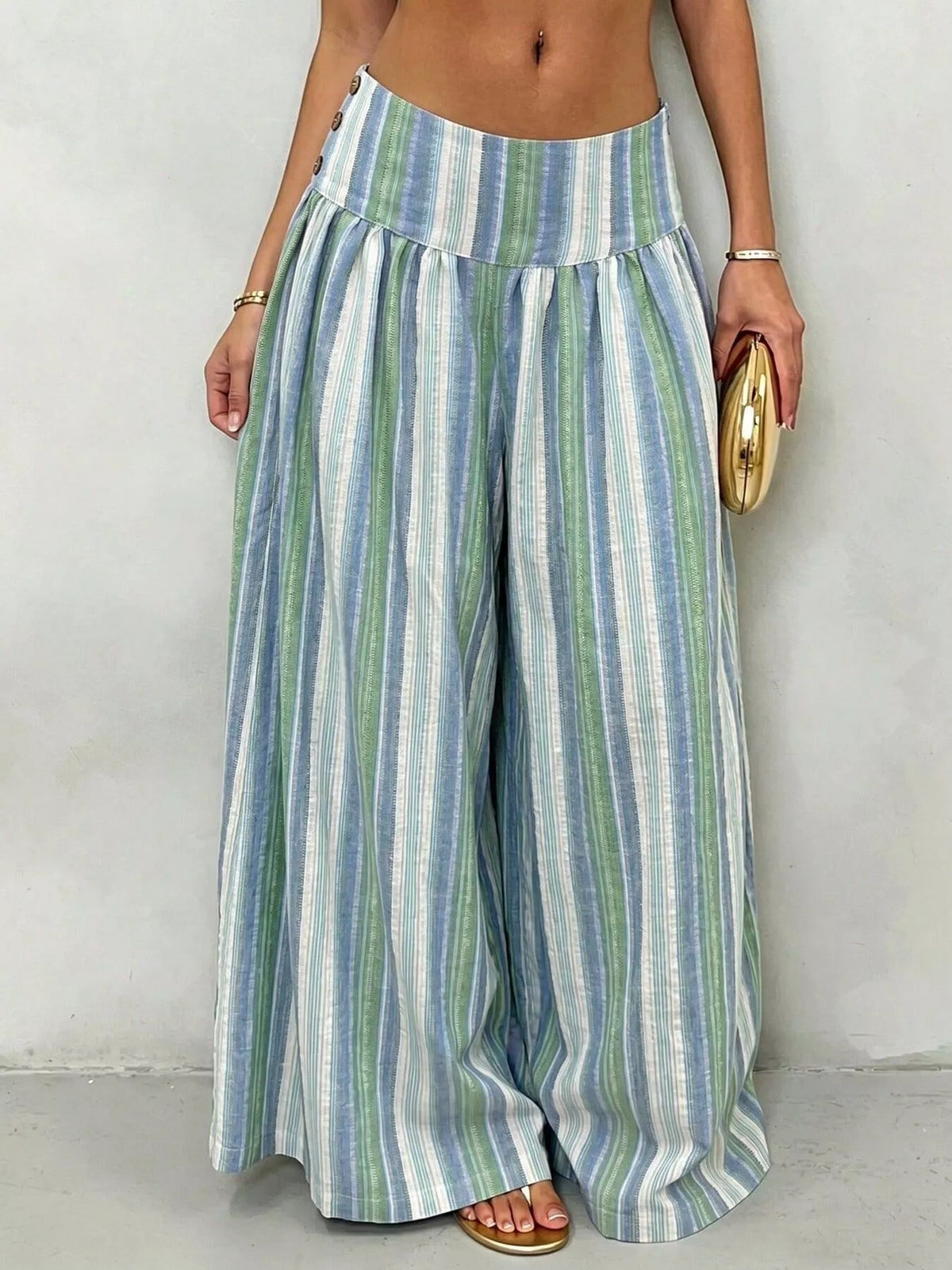 High-Waisted Striped Wide-Leg Casual Pants - Blue-green Stripes - View 9
