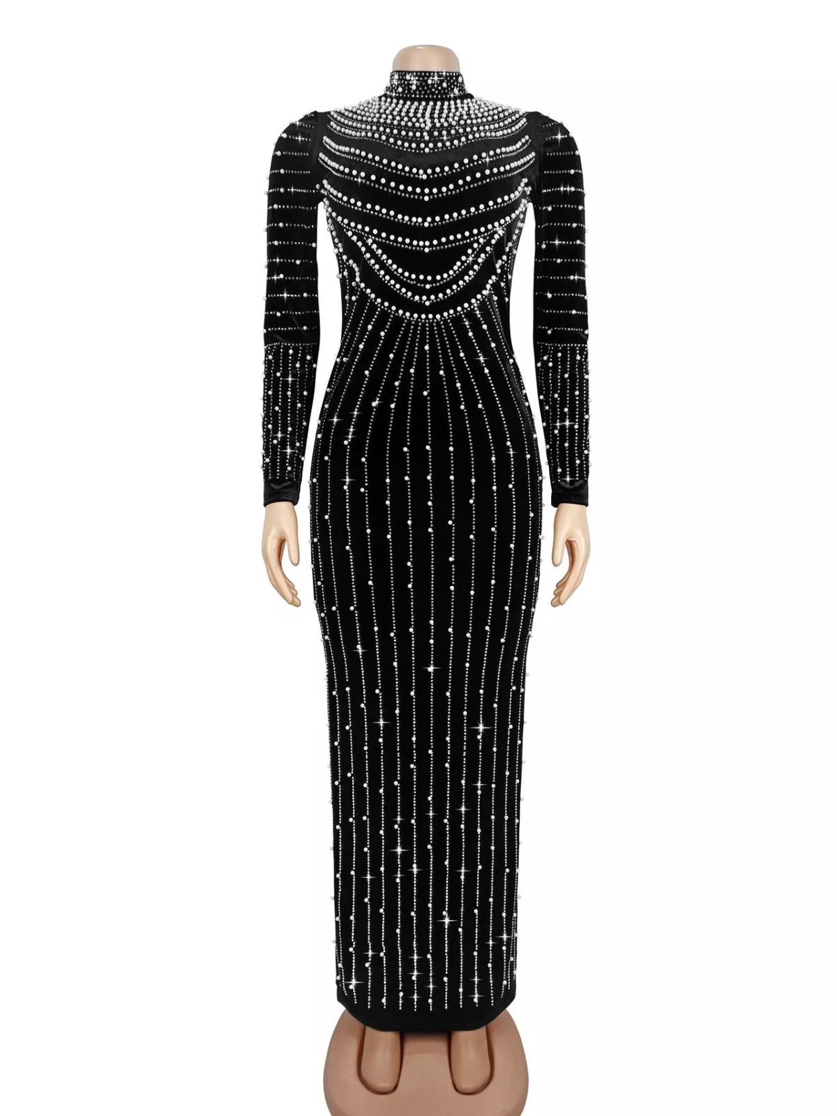 Rhinestone Embellished Mock Neck Long Sleeve Maxi Dress - Black - View 5