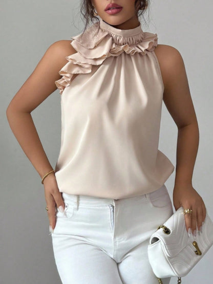 Ruffle High Neck Sleeveless Top - Apricot - View 5