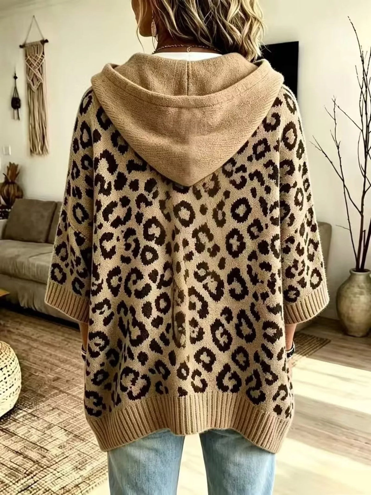 Drawstring Leopard Hooded Sweater - Khaki - View 3