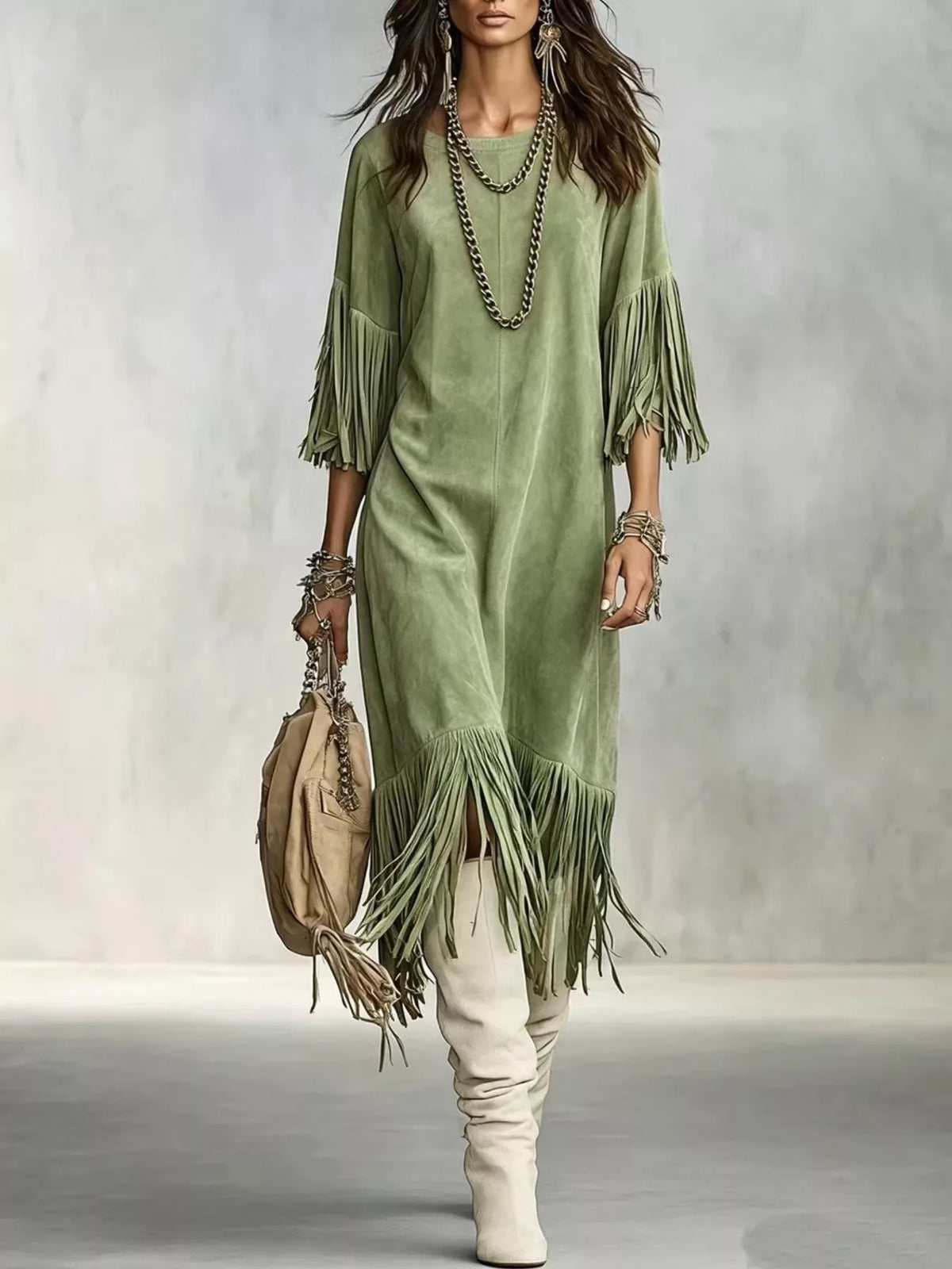Fringed Round Neck Midi Dress - Green - View 1