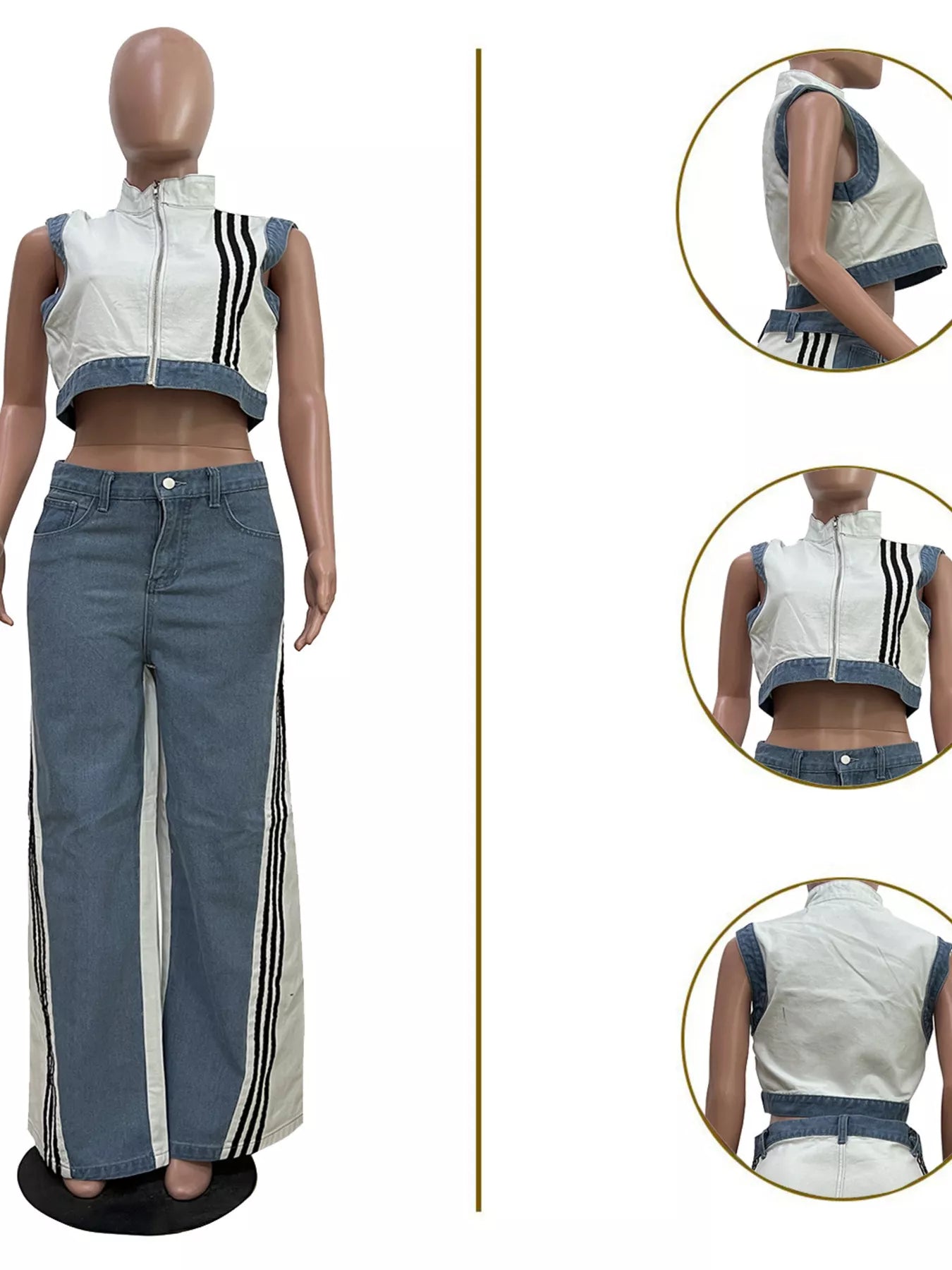 Zip Front Crop Top and Striped Pants Set - White - Mannequin Detail Views