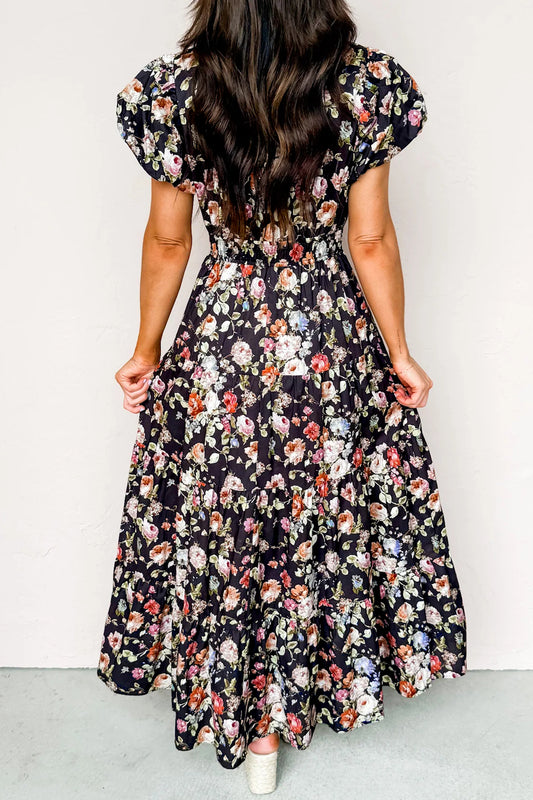 Black Floral Print V Neck Pleated Tiered Maxi Dress - Black - 2