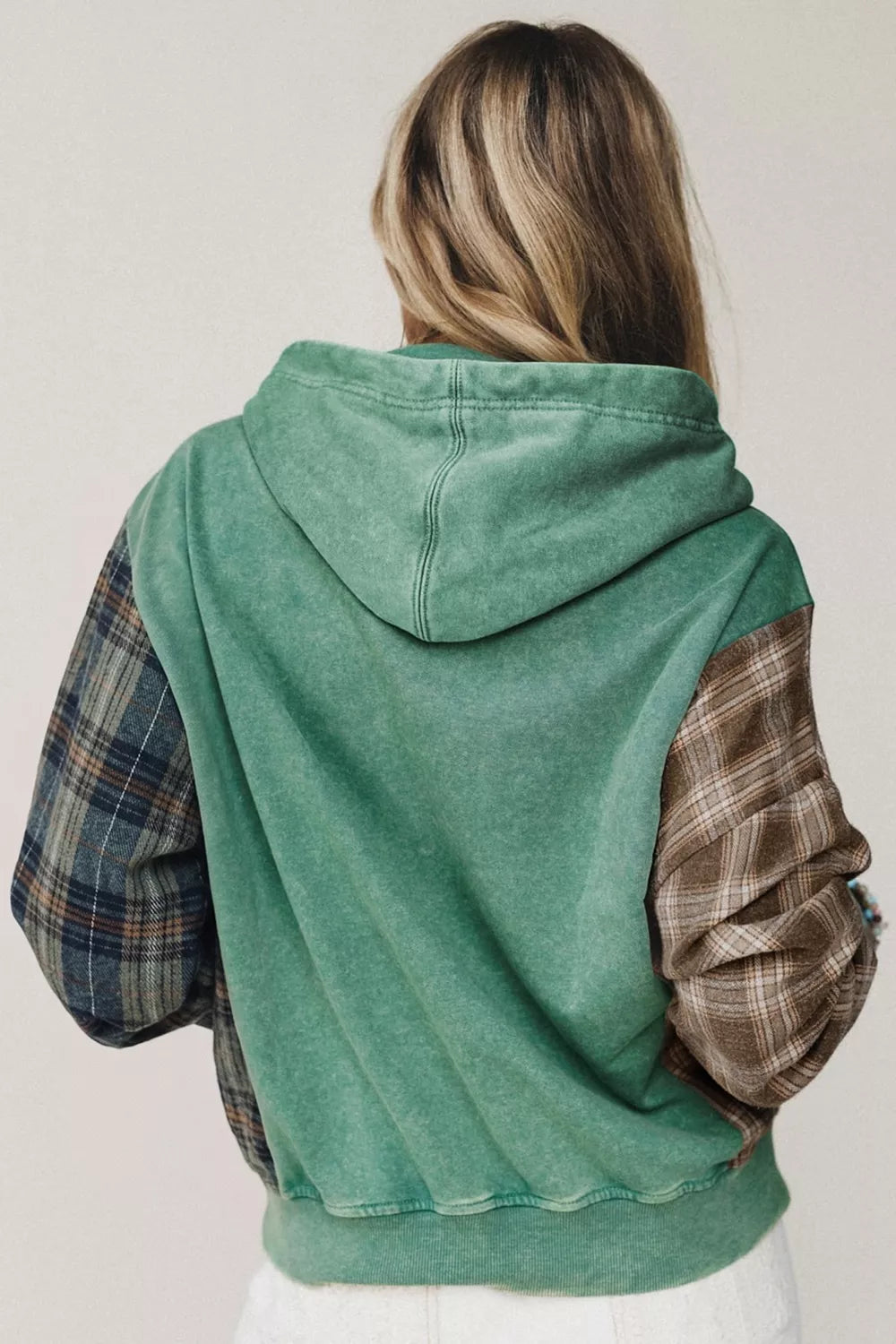 Plaid Kangaroo Pocket Hoodie - Sage - View 2