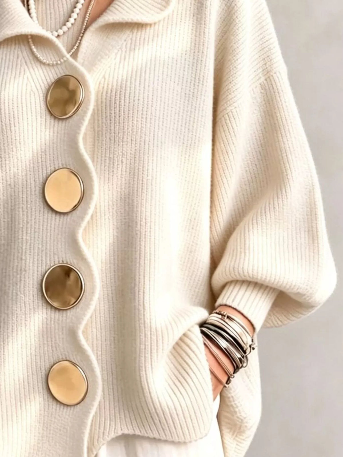 Full Size Scalloped-Edge Button-Down Cardigan Plus Size - Beige - View 3
