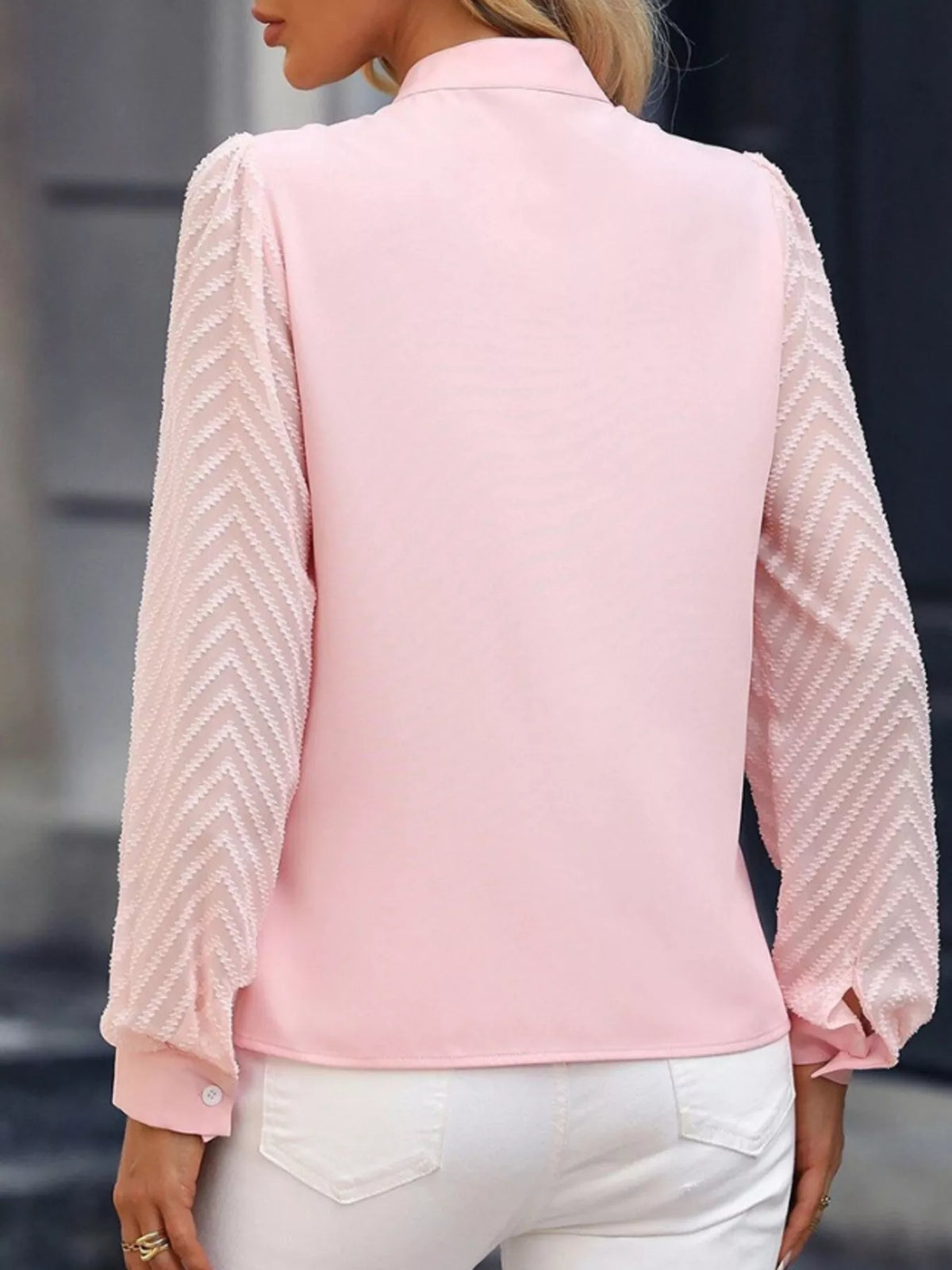 Notched Long Sleeve Blouse - Pink - View 3