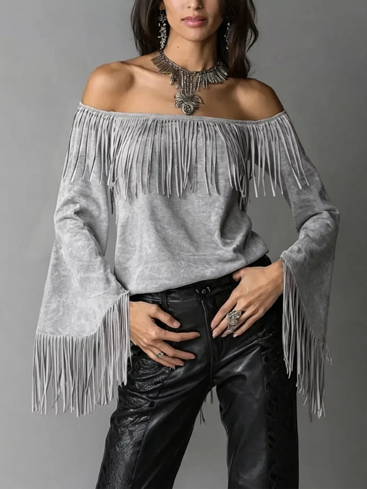 Full Size Fringed Off-Shoulder T-Shirt Plus Size - Gray - View 1