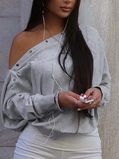 Studded Off Shoulder Long Sleeve T-Shirt - Light Gray - View 1