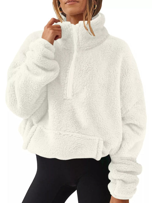 Full Size Sherpa Quarter-Zip Turtleneck Sweatshirt Plus Size - White - View 1